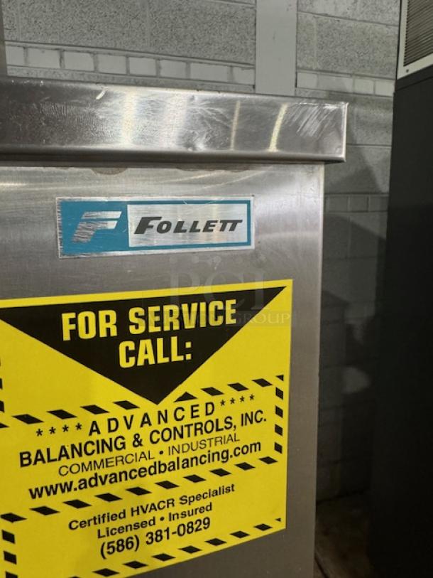 KOLD DRAFT GT351AHK ice storage bin, Follett branding, 1000 lbs capacity, reduces spills. Service label visible.