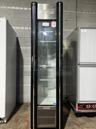 NEW Imbera VR09 CC R2 Commercial Refrigerator, glass door, branded with Coca-Cola logo, pristine condition.