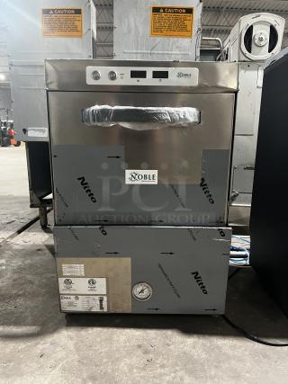 Noble Warewashing HTGW glass washer, 208V/240V, 1 phase. Model 495HTGW22. Stainless steel, new condition, visible branding.