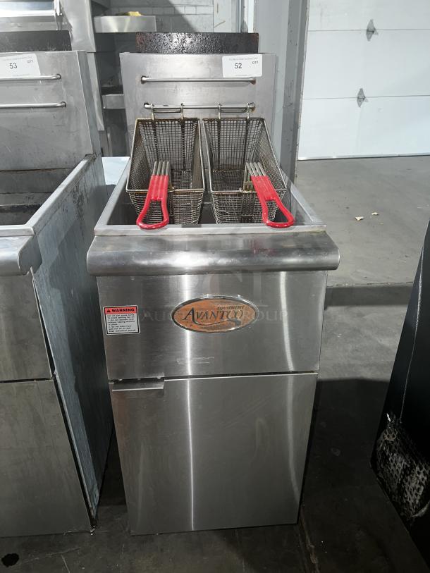 Avantco FF50 natural gas fryer, model 177FF50N, stainless steel with dual baskets, visible brand logo and warning label.