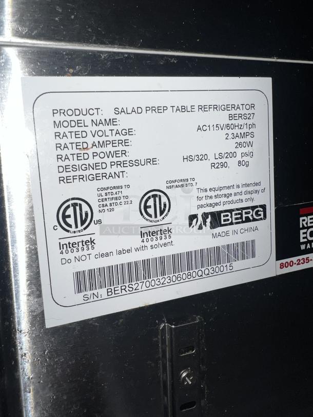 BERG BERS27 sandwich prep table label showing model, voltage, and certifications. Made in China. Serial number visible.