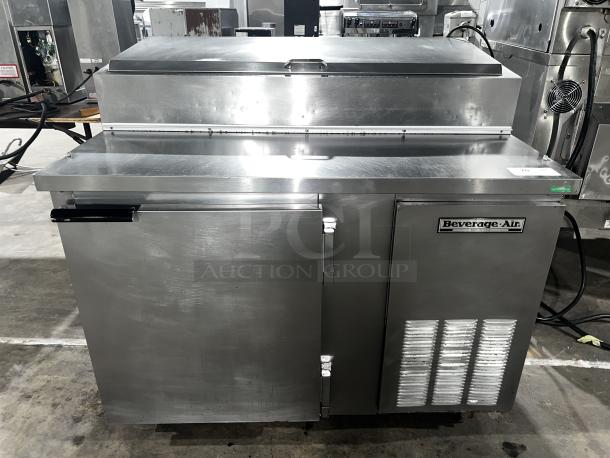 Beverage-Air DP46HC pizza prep table, stainless steel, durable, commercial kitchen use, with Beverage-Air logo visible.