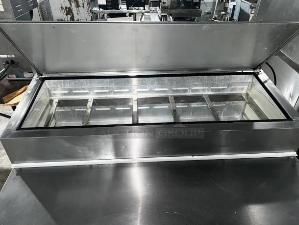 Beverage-Air DP46HC pizza prep table, heavy-duty stainless steel, commercial use, excellent condition, open top view.
