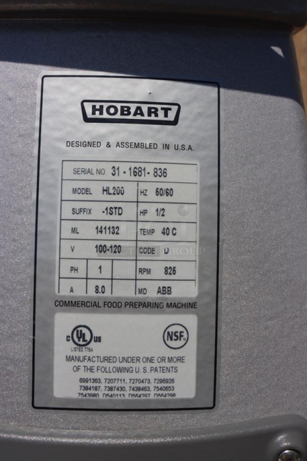 Hobart HL200-1STD mixer label showing model, serial number, specifications, and certifications.