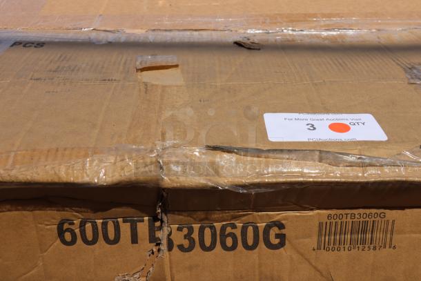 Regency stainless steel work table, model 600TB3060G, in damaged packaging. Includes 4" backsplash, galvanized undershelf.