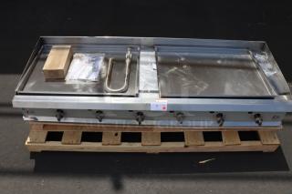 BRAND NEW Cooking Performance Group GT-CPG-72-NL 72" gas griddle, 180,000 BTU, thermostatic controls, burner needs reattachment.