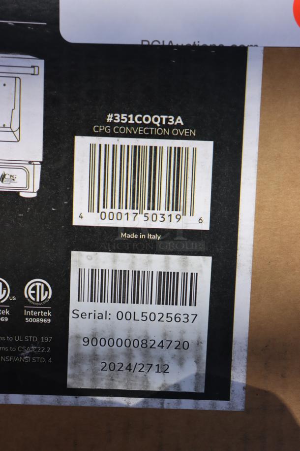BRAND NEW Cooking Performance Group COQT3A Convection Oven, S/N: 00L5025637, glass broken on door, in original box.