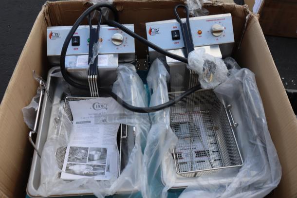 Brand new Cooking Performance Group EF302 dual tank fryer, 30 lb, 208/240V, 8400/11,000W, in original packaging.