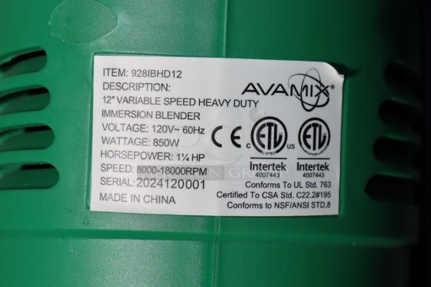 AvaMix IBHD12 immersion blender, heavy-duty, 1 1/4 hp, serial 2024120001, variable speed 8000-18000 RPM, 120V, model shown.