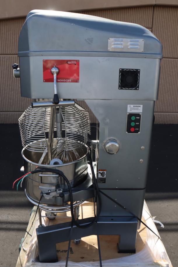 Avantco MX60H 60 Qt. planetary floor mixer, brand new scratch-n-dent, with guard, accessories, 240V, 3 phase, 2 1/2 hp.