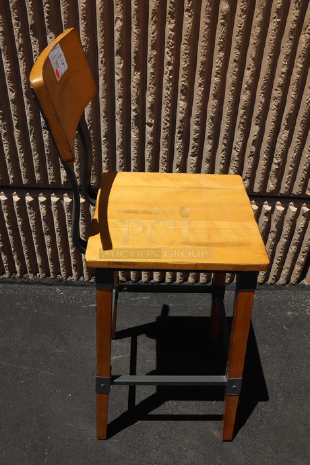 Brand new Lancaster Table & Seating 164BINDNATAN industrial bar stool, honey maple finish, metal frame, no packaging.