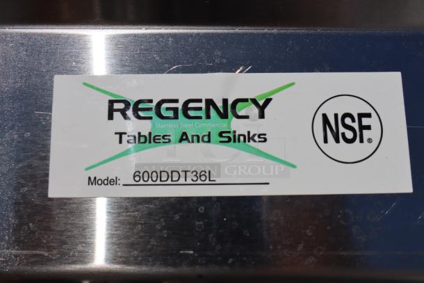 Regency 600DDT36L 3' soiled dish table label, showing brand, model, and NSF certification.