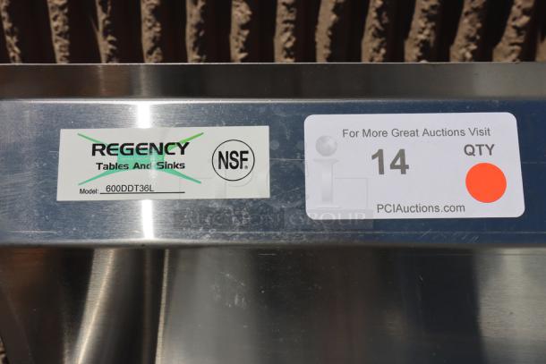 Regency 600DDT36L soiled dish table, 16 gauge, 3' with left drainboard. Brand new, scratch-n-dent condition. NSF certified.