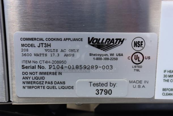 Vollrath JT3H Conveyor Toaster label detailing 208V, 3600W specs, model number, and serial number. Minor scratches visible.