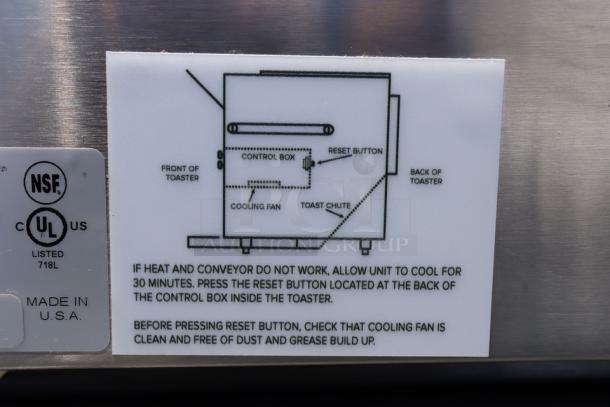 NSF and UL listed Vollrath JT3H Conveyor Toaster label, detailing cooling fan and reset button instructions. Made in USA.