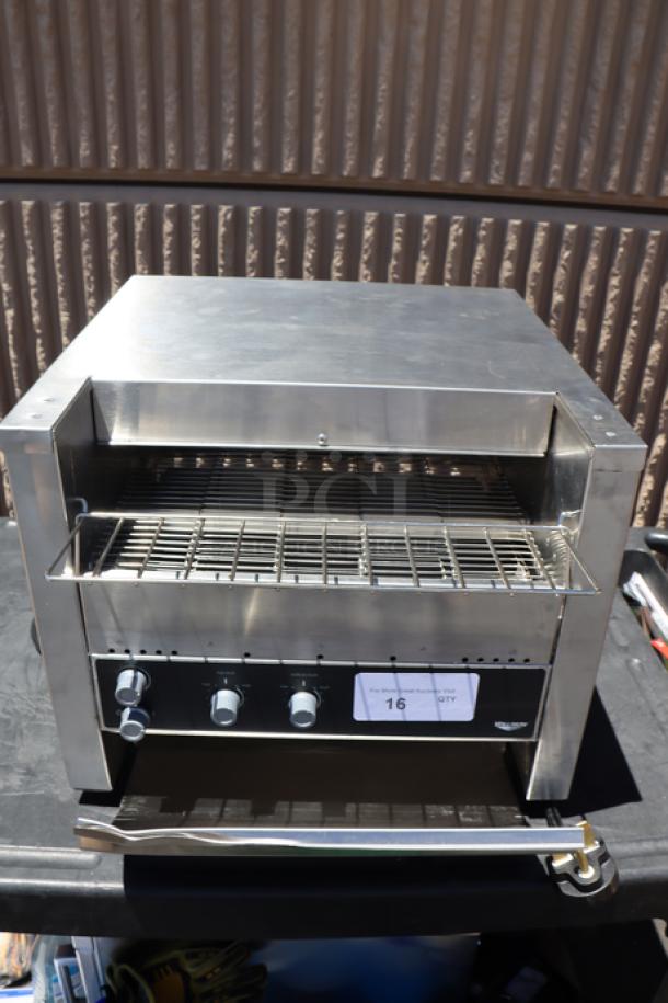 Brand new Vollrath JT3H conveyor toaster, 1 1/2"-3" opening, 208V, 3600W, minor scratches and dents, serial P104-01859289-003.