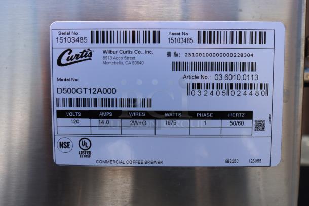 Curtis D500GT12A000 Automatic Airpot Coffee Brewer label, showing model, serial number 15103485, 120V, 14A, 1675W specs.