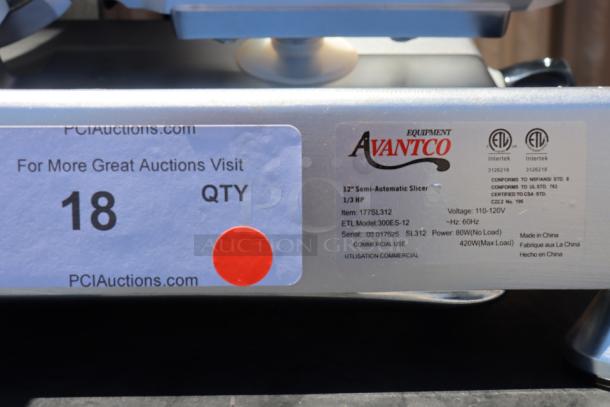 Avantco SL312 12" meat slicer, 1/3 hp, 120V, new condition, scuffs, scratches, serial 03 017525 SL312, labels visible.