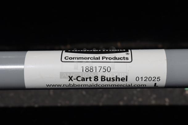 Rubbermaid® 1881750 Laundry Cart, 8 Bushel X-Cart, brand new, label showing model number and capacity.
