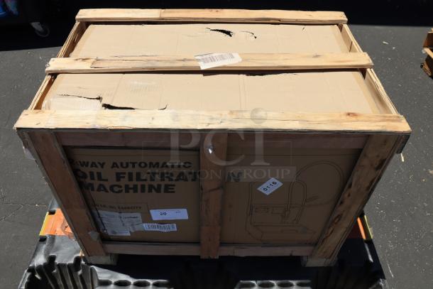 Brand new Fryclone 259OFM55 fryer oil filter machine in crate, 55 lb. capacity, 2-way pump, 120V, S/N: 2406043093.
