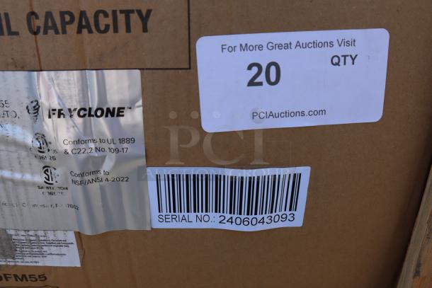 Brand new Fryclone 259OFM55 fryer oil filter machine in crate. Features 55 lb. capacity, 2-way pump, 120V. Serial No. 2406043093.