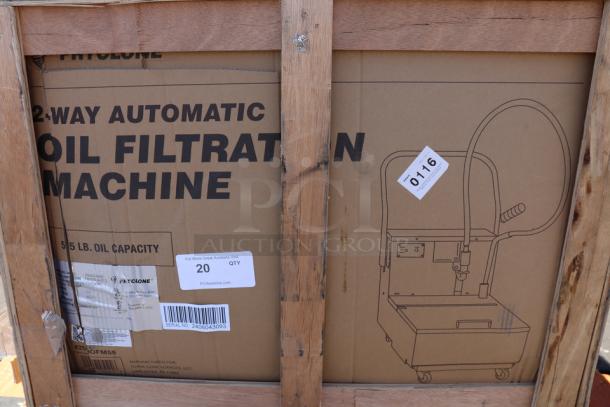 New Fryclone 259OFM55 55 lb. Portable Fryer Oil Filter Machine in crate. Features 2-way pump, 120V. S/N: 2406043093.