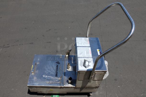 Fryclone 259OFM55 55 lb. Portable Fryer Oil Filter Machine, shown with stainless steel body, handles, and visible food-grade oil.