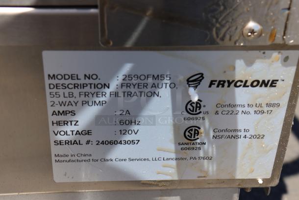 Fryclone 259OFM55 fryer oil filter machine label showing model details, serial number 2406043057, and certification marks.