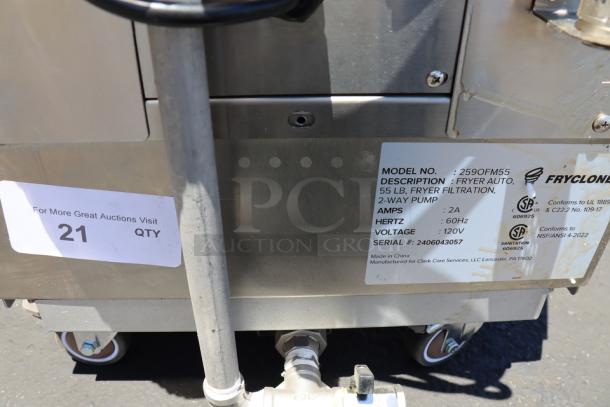 Fryclone 259OFM55 55 lb. portable fryer oil filter machine, food grade oil present, model and serial labels visible.