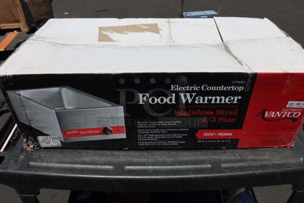 Brand new Avantco W43 4/3 size electric countertop food warmer, 120V, 1500W. Box damaged, unit lightly scratched.