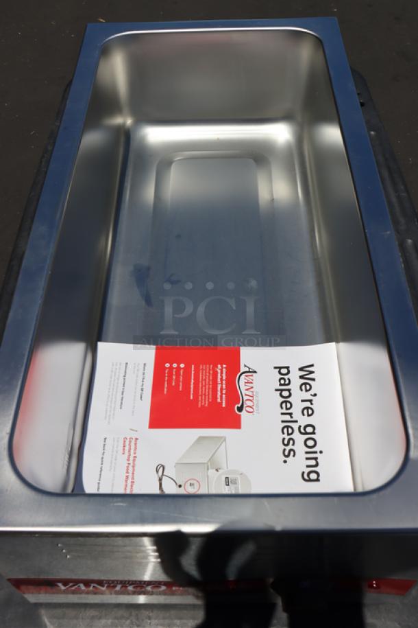 Brand new Avantco W43 electric countertop food warmer, 12"x27", 120V, 1500W. Light scratches/scuffs, box damaged. Serial No. 20241104965.