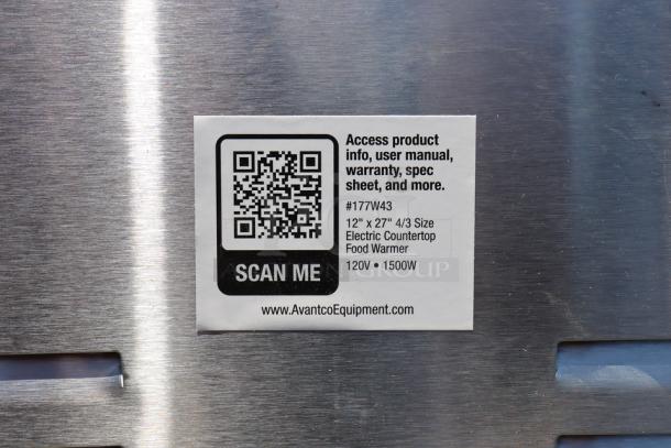 Avantco W43 electric countertop food warmer label, 12"x27", 120V, 1500W. Slight scratches visible, QR code and website link shown.