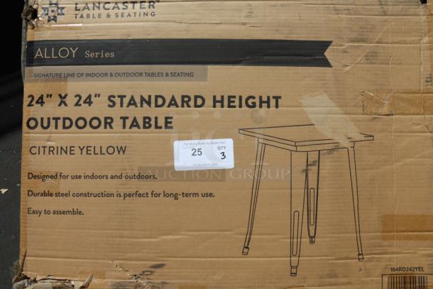 Lancaster Table & Seating 24" x 24" outdoor table, Citrine Yellow. New, packaging damaged. Durable steel, easy assembly.