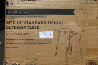 Lancaster Table & Seating 24" x 24" outdoor table, Citrine Yellow. New, packaging damaged. Durable steel, easy assembly.