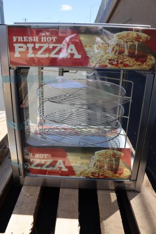 ServIt PDW18D2S display warmer, 18", four shelves, missing a glass panel, new scratch-n-dent, 120V, 12.5A, 1,500W, pizza graphics.