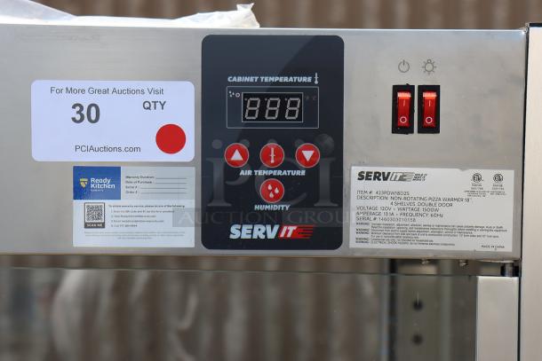 ServIt PDW18D2S countertop display warmer, brand new, 18", 4 shelves, 120V, missing side glass, minor denting, serial: 1460303010158.