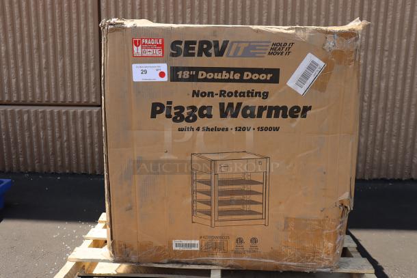 ServIt PDW18D2S 18" display warmer, new but one glass side missing, minor dent, has 4 shelves, 120V, 1500W, S/N: 1460303010158.