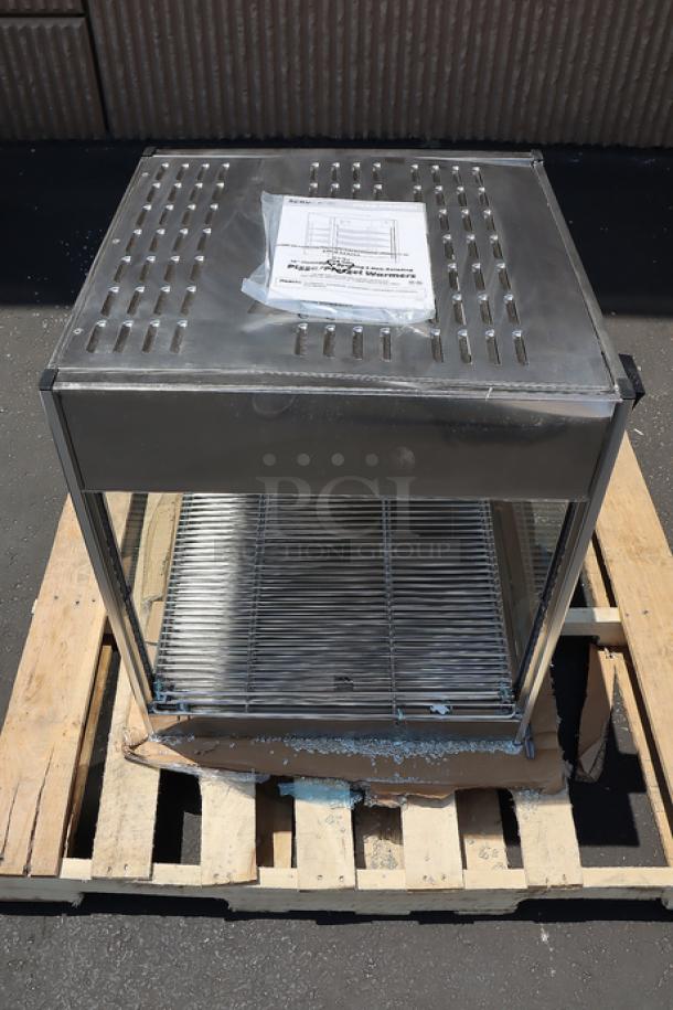 ServIt PDW18D2S 18" countertop display warmer, 4 shelves, missing 1 side glass, intact doors, minor denting, new condition.