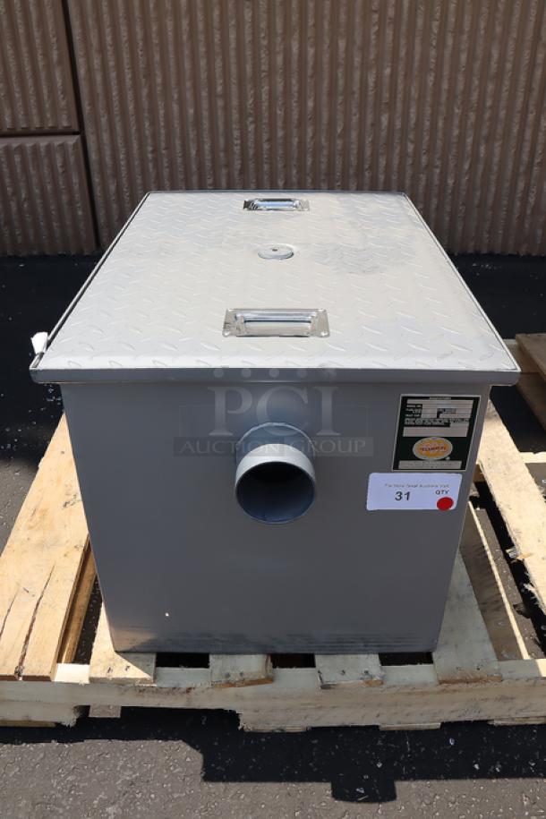 Regency 600GT25 50 lb. grease trap, 25 GPM, 3" non-threaded connections, new with scuffs, all components included.