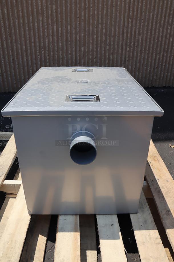Regency 600GT25 grease trap, 50 lb., 25 GPM, with 3" non-threaded connections; new with minor scuffs.