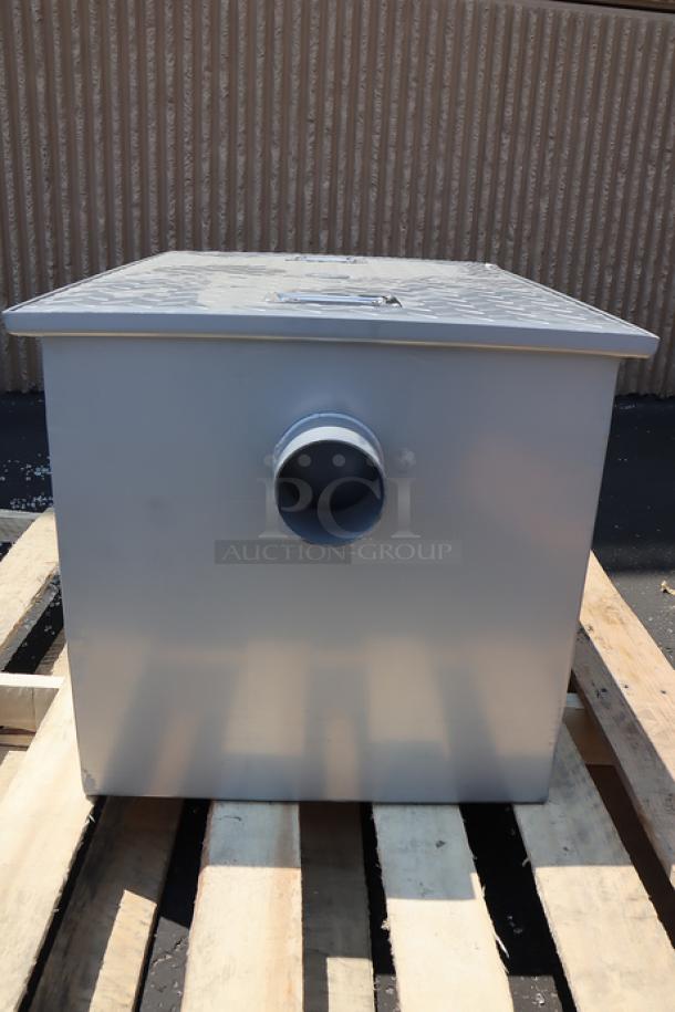 Regency 600GT25 grease trap, 50 lb., 25 GPM, 3" non-threaded connections, new with minor scuffs, includes all components.