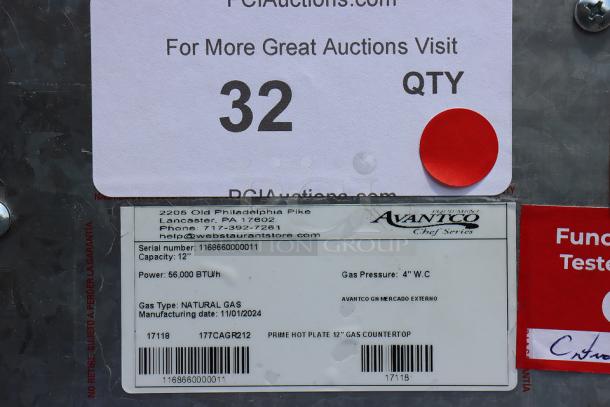 Avantco Chef Series CAG-R-2-12 12" 2 Burner Gas Range label showing serial number 1168660000011 and 56,000 BTU.
