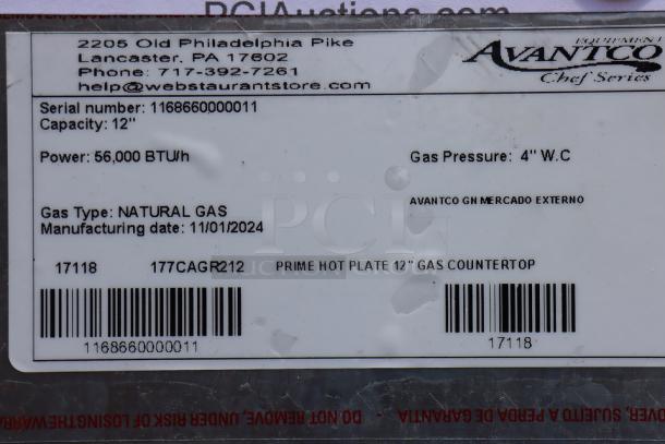 Avantco Chef Series CAG-R-2-12 12" 2 Burner Gas Countertop Range, 50,000 BTU, scratched and dented, S/N: 1168660000011.