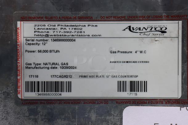Avantco CAG-R-2-12 12" gas range label. Serial: 1346988000004. 50,000 BTU. Missing burner components; scratched and dented.