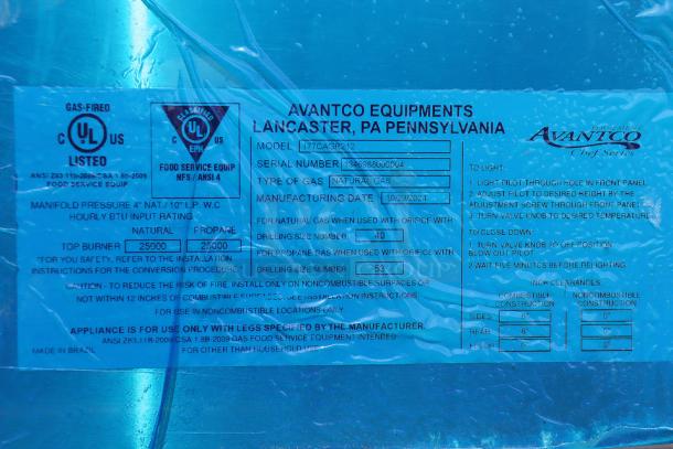 Avantco Chef Series CAG-R-2-12 gas range. Serial: 1346988000004. Missing burners. Scratches and dents visible.