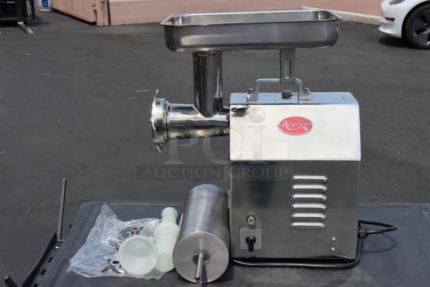 Brand new Avantco MG22R #22 Meat Grinder, stainless steel, with reverse function, 1 1/2 hp, 110V, accessories included.
