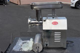 Brand new Avantco MG22R #22 Meat Grinder, stainless steel, with reverse function, 1 1/2 hp, 110V, accessories included.