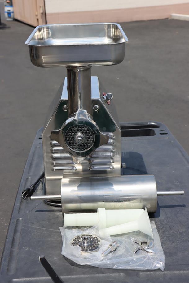Brand new Avantco MG22R #22 meat grinder, 110V, 1 1/2 hp, with accessories. Scratch-n-dent condition, unpackaged.