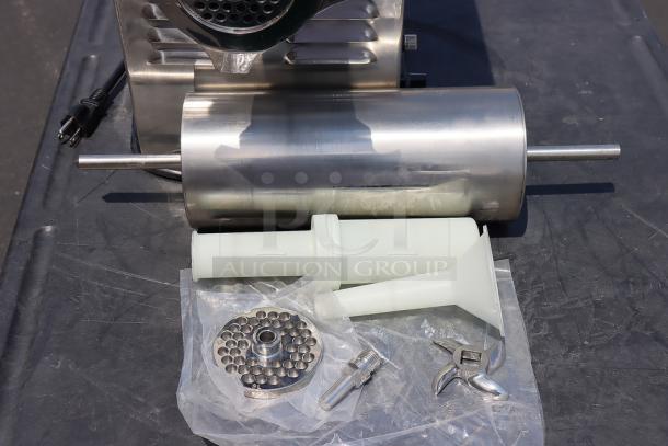 Avantco MG22R #22 Meat Grinder, 110V, 1 1/2 hp, 1,200W, new condition, parts visible, out of original packaging.