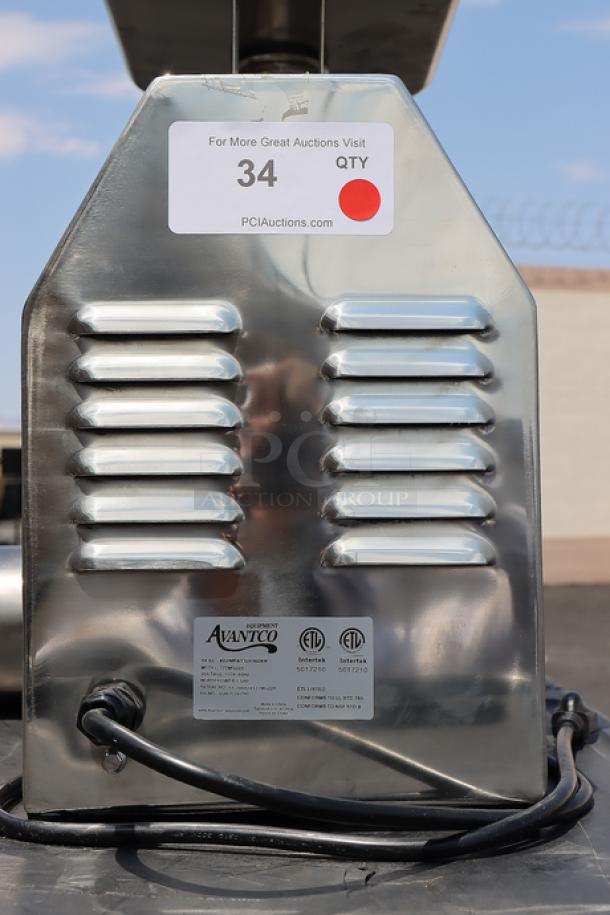 Avantco MG22R Meat Grinder, stainless steel, reverse function, 110V, 1 1/2 hp, 10 Amps. New, out of packaging, ETL certified.